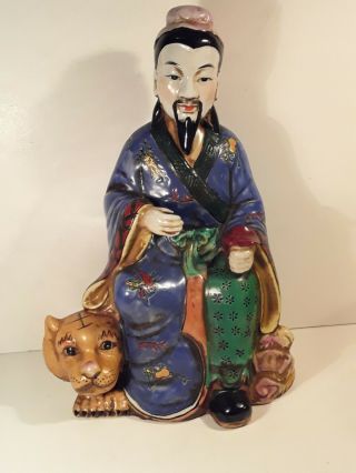 Large Vintage Chinese Enamel Porcelain Statue Of Man Sitting On Foo Dog Lion