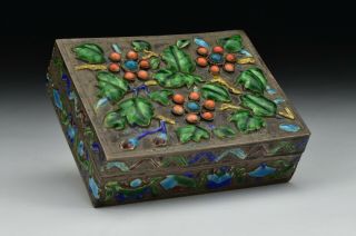 Antique Chinese Enameled Silver Plate Box With Inlaid Stones