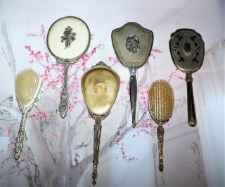 Vintage Hand Held Vanity Mirrors And Brushes - Set