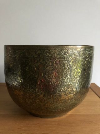 Antique Large Indian Brass Planter Jardiniere With Dancers,  Dogs & Birds