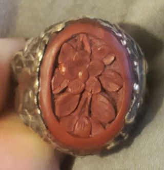 Antique Vtg Chinese Export Silver Carved Floral Cinnabar W/ Dog Split Band Ring