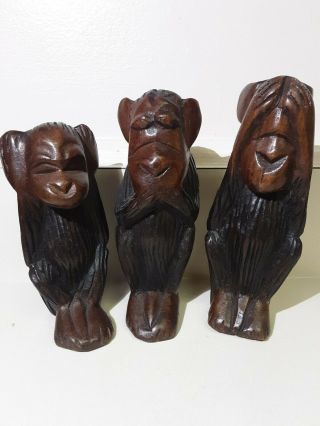 Vintage Set Of 3 Hand Carved Wood Wise Monkeys See,  Hear,  & Speak No Evil 6 " Tall