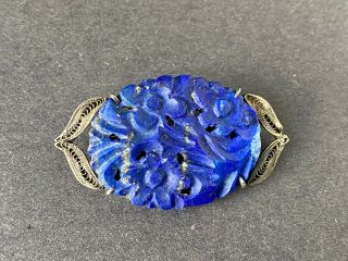 Antique Chinese Export Sterling Silver Filigree Carved Lapis Lazuli Brooch Pin