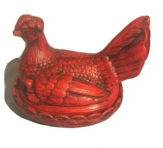 Vintage Ceramic Chicken Hen W/ Chicks Covered Bowl Rustic Red Farmhouse Decor