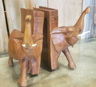 Vintage Lucky Elephant Bookends Trunks Up Hand Carved Wooden Figurines 1 Pair