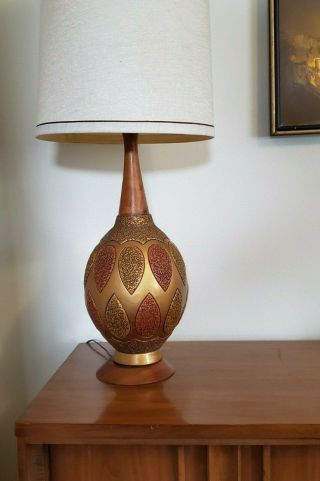 Vtg Mid Century Modern Gold,  Orange,  Yellow Ceramic & Teak Table Lamp