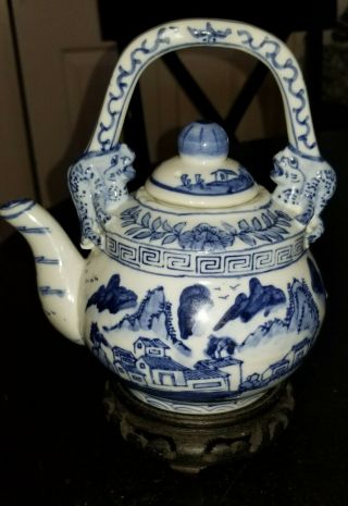 Vintage Chinese Porcelain Blue And White Teapot With Yongzhen 6 Character Mark