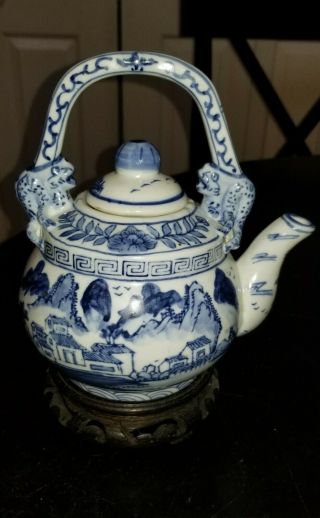 Vintage Chinese Porcelain Blue and White Teapot with Yongzhen 6 Character Mark 2