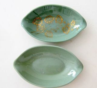 2 Lenox Olympia Oval Green Gold Trim Leaves Ashtrays Candy Nut Dishes Green Mark