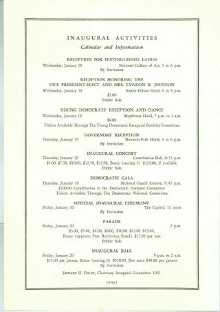 1961 Vintage President John Kennedy Inaugural Activities Calendar & Information