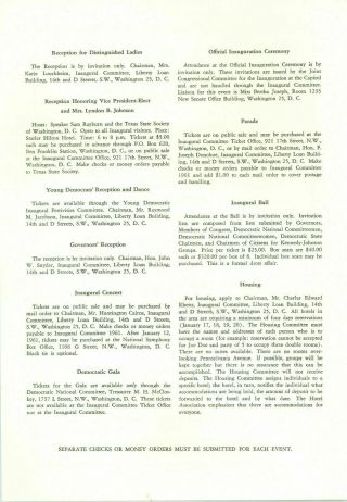 1961 Vintage President John Kennedy Inaugural Activities Calendar & Information 2