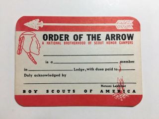 Bsa Oa Order Of The Arrow National Brotherhood Honor Campers Membership Card ‘62