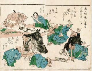 Kyosai Japanese Color Woodblock Print " Eight Long Nose Demons " 1860