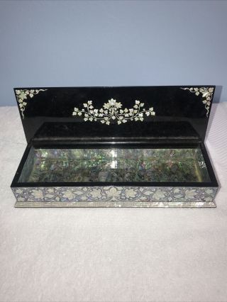 Vintage Vhtf Chinese Mother Of Pearl Lacquer Box With Crane And Flower Designs