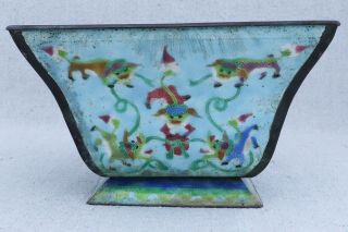 Antique Chinese Silver Copper Enamel Foo Dog Square Censor Bowl Pot Planter 5 ½”