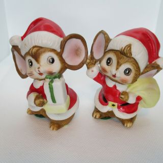 Vintage 80s Homeco Ceramic Bisque Figurines Christmas Santa Mouse