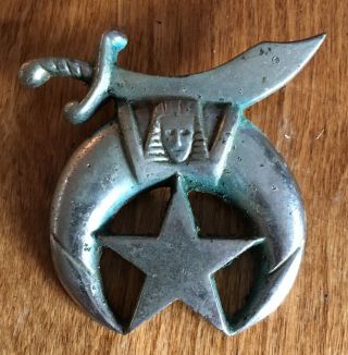 Vintage Shriners Emblem Metal Car Wall Masonic Freemasons Silver Tone Ornament