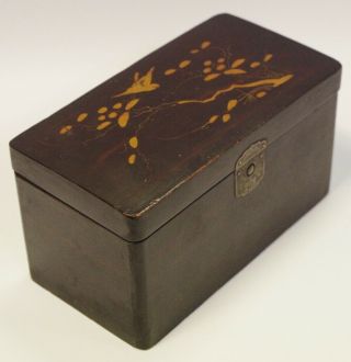 Meiji Period Japanese Export Wooden Lacquer Tea Caddy Bird & Tree Pattern