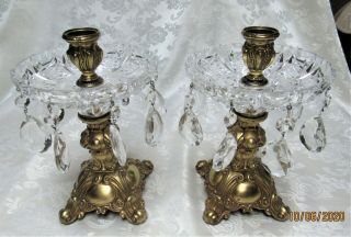 Vintage Set Brass Candle Sticks Candle Holders With Cut Glass Bowl Prisms Euc