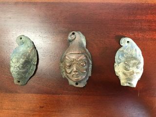 Set Of 3 Small Antique Buddhist Copper / Bronze Masks - Mongolia
