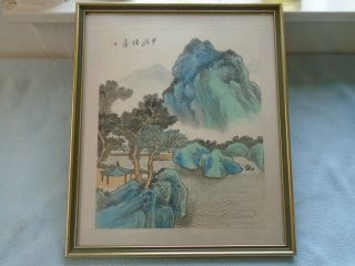 Vintage Chinese Watercolour Painting On Silk Red Seal Mountain Temple