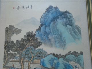Vintage Chinese Watercolour Painting On Silk Red Seal Mountain Temple 3