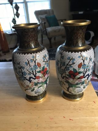 Set Of 8 1/4 “ Cloisonné And Brass Oriental Vases
