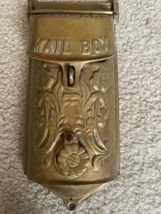 Vintage Standard Cast Brass Mailbox W/ Floral Design,  Top Slot And Peep Hole