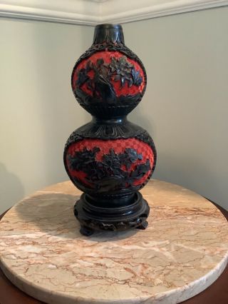 Vintage Black And Red Cinnabar Vase On Wood Stand