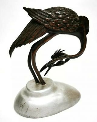 Antique Bronze Oriental Japanese Chinese Crane & Flowers Bird Wooden Base Meiji