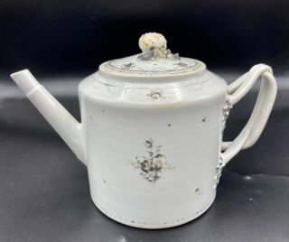 Antique C18th Chinese Export Porcelain Tea Pot White Grisaille & Gilt Decoration