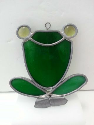 Vtg Hand Crafted Stained Glass Cute Smiling Green Frog