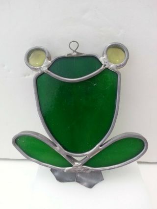 VTG HAND CRAFTED STAINED GLASS CUTE SMILING GREEN FROG 2