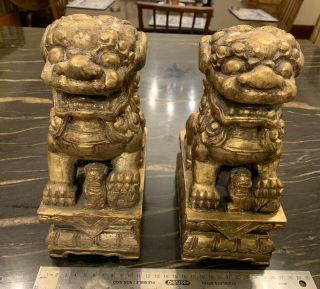 Vintage Chinese Identical Pair Carved Gilt Wood Food Dogs On Base 20th C.