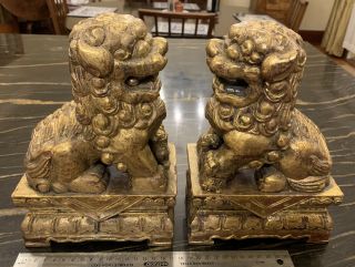 Vintage Chinese Identical Pair Carved Gilt Wood Food Dogs On Base 20th C. 2