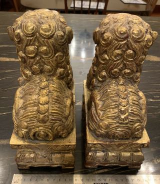 Vintage Chinese Identical Pair Carved Gilt Wood Food Dogs On Base 20th C. 3