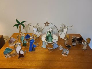 Vintage 20 Piece Stained Glass Nativity Set Artist Signed Manger