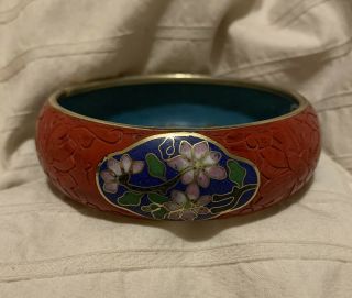 Antique Chinese Hand Carved Cinnabar Floral Cloisonné Bangle Bracelet