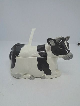 Vintage Otagiri Black & White Cow Covered Sugar Jam Jar With Spoon Japan