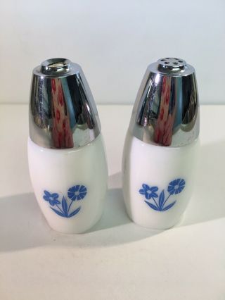 Lovely Vintage Milk Glass With Blue Flowers Salt And Pepper Shakers