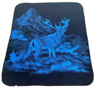 Vintage San Marcos Blanket Deer Blue/black Reversible 88”x77”