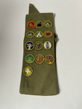Vintage Bsa Boy Scout Scouting - Bsa 1960s Merit Badge Sash With 13 Badges