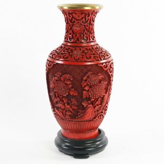 Vintage Chinese Carved Red Cinnabar Lacquer Jar Vase Flowers W/ Stand 8 "