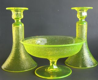 Vintage Yellow Vaseline Glass Set Of 3 Footed Bowl & Candlesticks Or Bud Vases