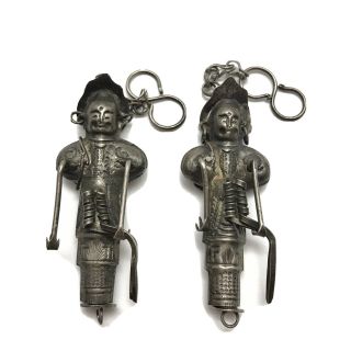 Vintage Chinese Metal Figural Man Needle Holder Case Pendants