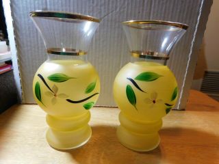 Mom Set Of 2 Vtg.  Small Frosted Glass Vases Hand Painted Flower W/gold