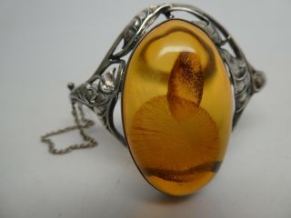 Vintage Large Amber Ornate Leaf Sterling Silver Oval Hinged Bangle Bracelet 7 "