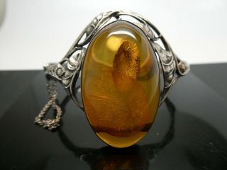 Vintage Large Amber Ornate Leaf Sterling Silver Oval Hinged Bangle Bracelet 7 