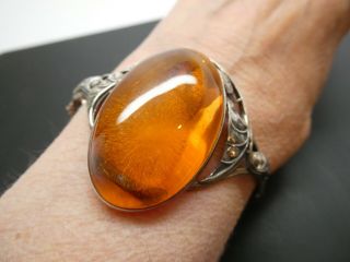 Vintage Large Amber Ornate Leaf Sterling Silver Oval Hinged Bangle Bracelet 7 