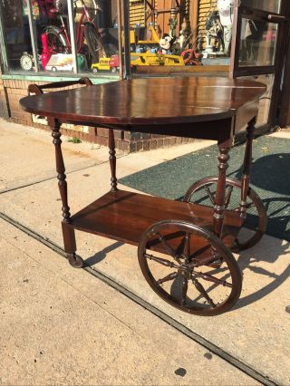 Vintage Rustic Heavy Tea Cart Dry Bar Wooden Drop Down Wheels
